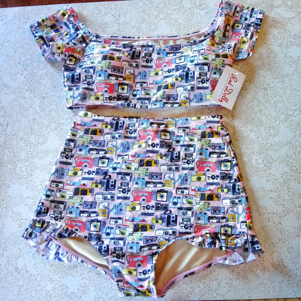 NWT Red Dolly High Waist Retro Bikini Vintage Camera Print